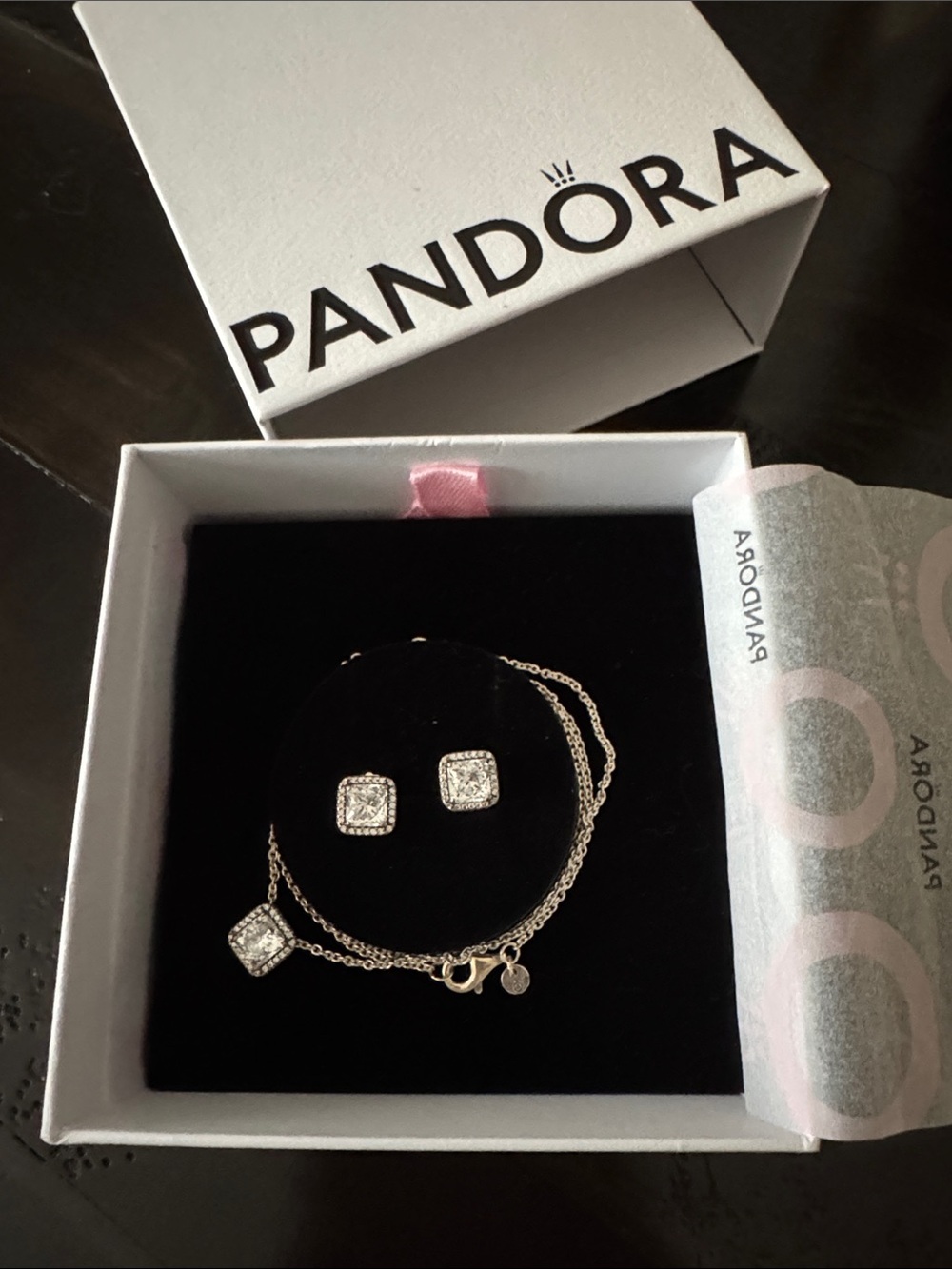 Pandora Silver Square CZ Necklace and Stud Earrings Set - Silver